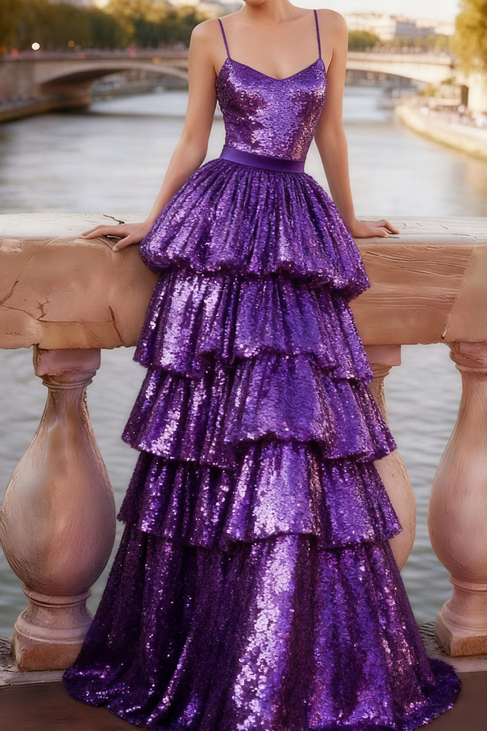 Purple Prom Dress Spaghetti Straps Sequin Tiered Layer Dress Maxi Gown