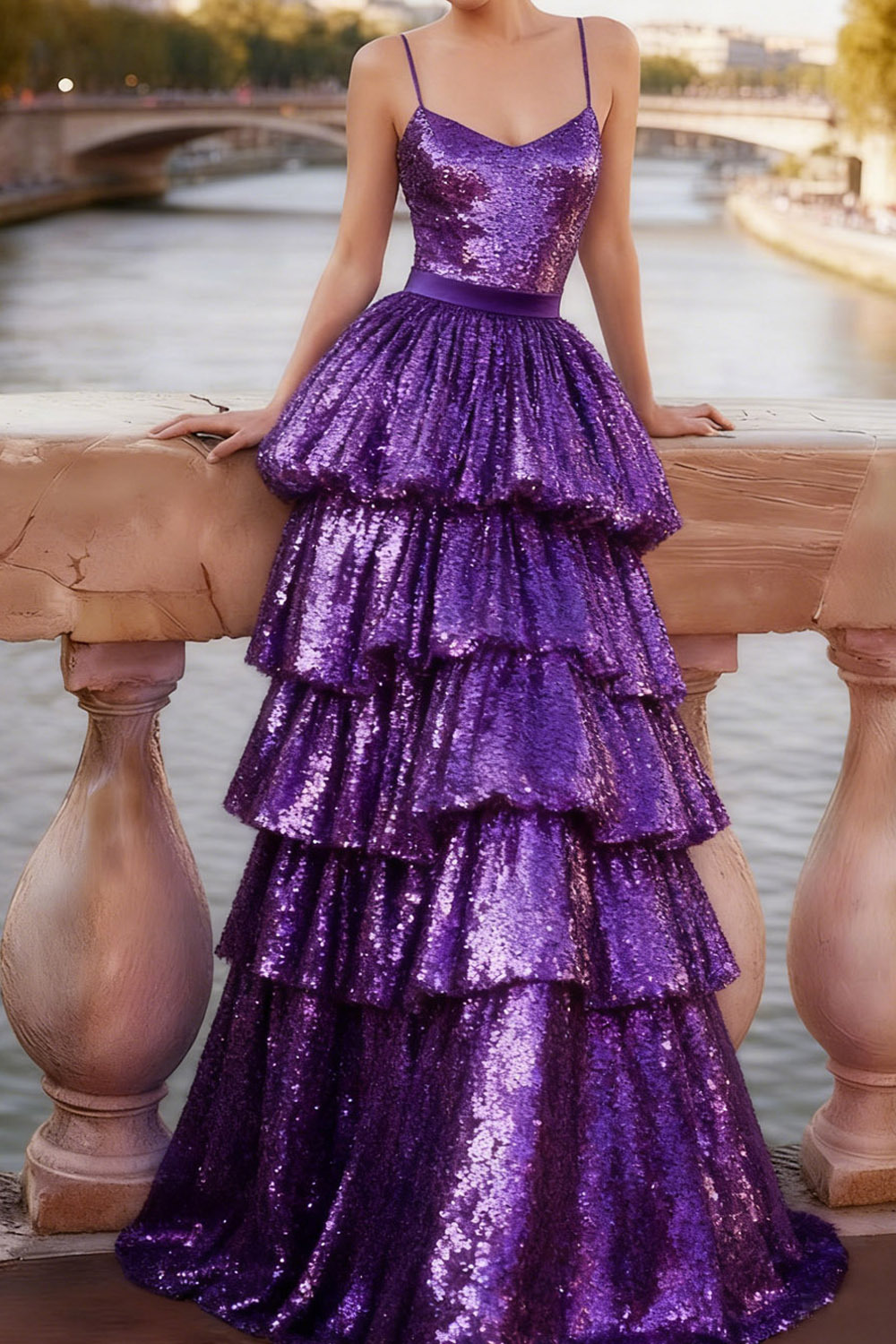 Purple Prom Dress Spaghetti Straps Sequin Tiered Layer Dress Maxi Gown