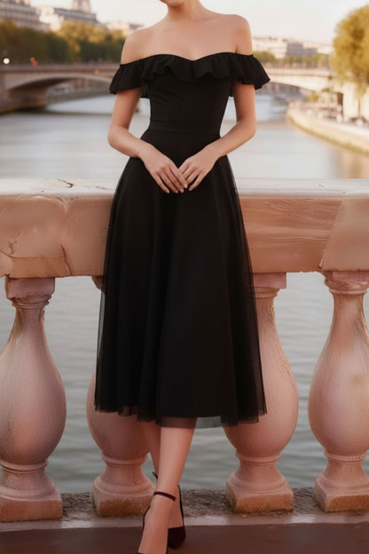 Red Evening Formal Dress A-Line Off the Shoulder Tulle Midi Dress 