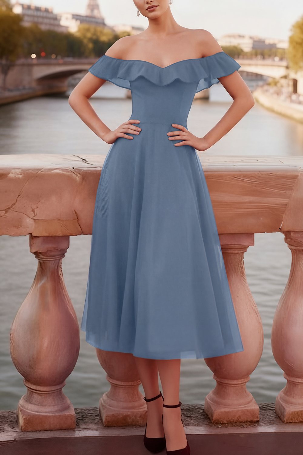 Red Evening Formal Dress A-Line Off the Shoulder Tulle Midi Dress