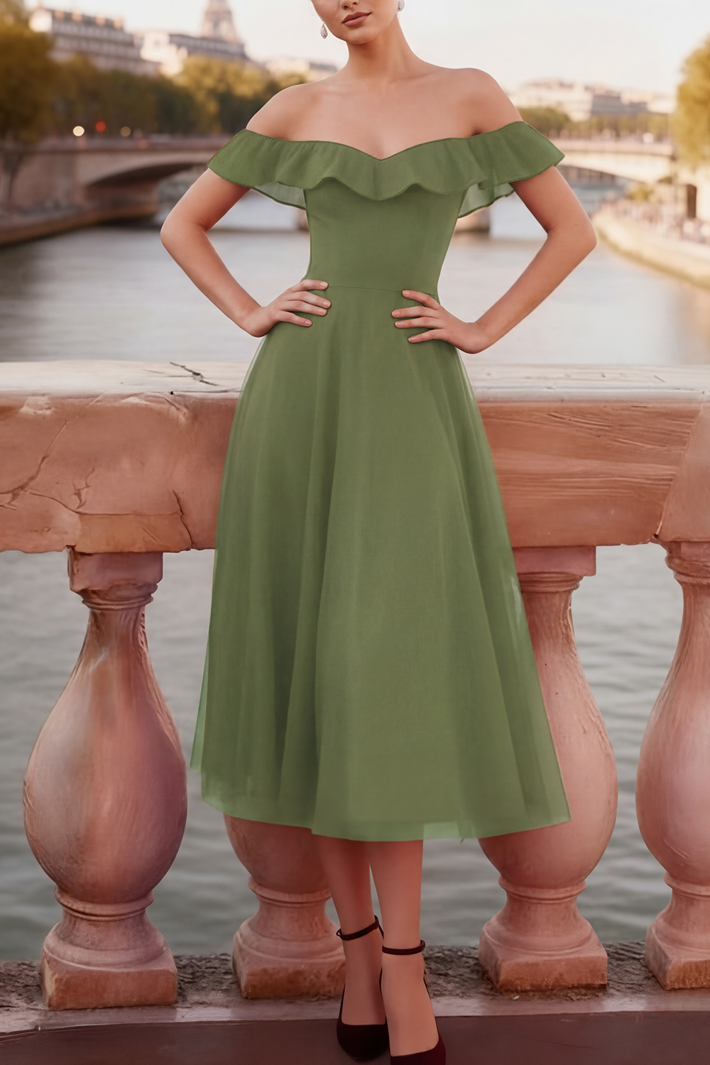 Red Evening Formal Dress A-Line Off the Shoulder Tulle Midi Dress 