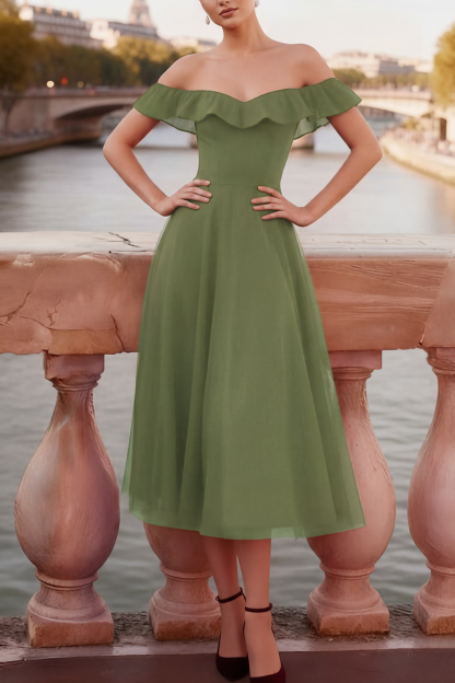 Red Evening Formal Dress A-Line Off the Shoulder Tulle Midi Dress 