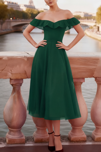 Red Evening Formal Dress A-Line Off the Shoulder Tulle Midi Dress 