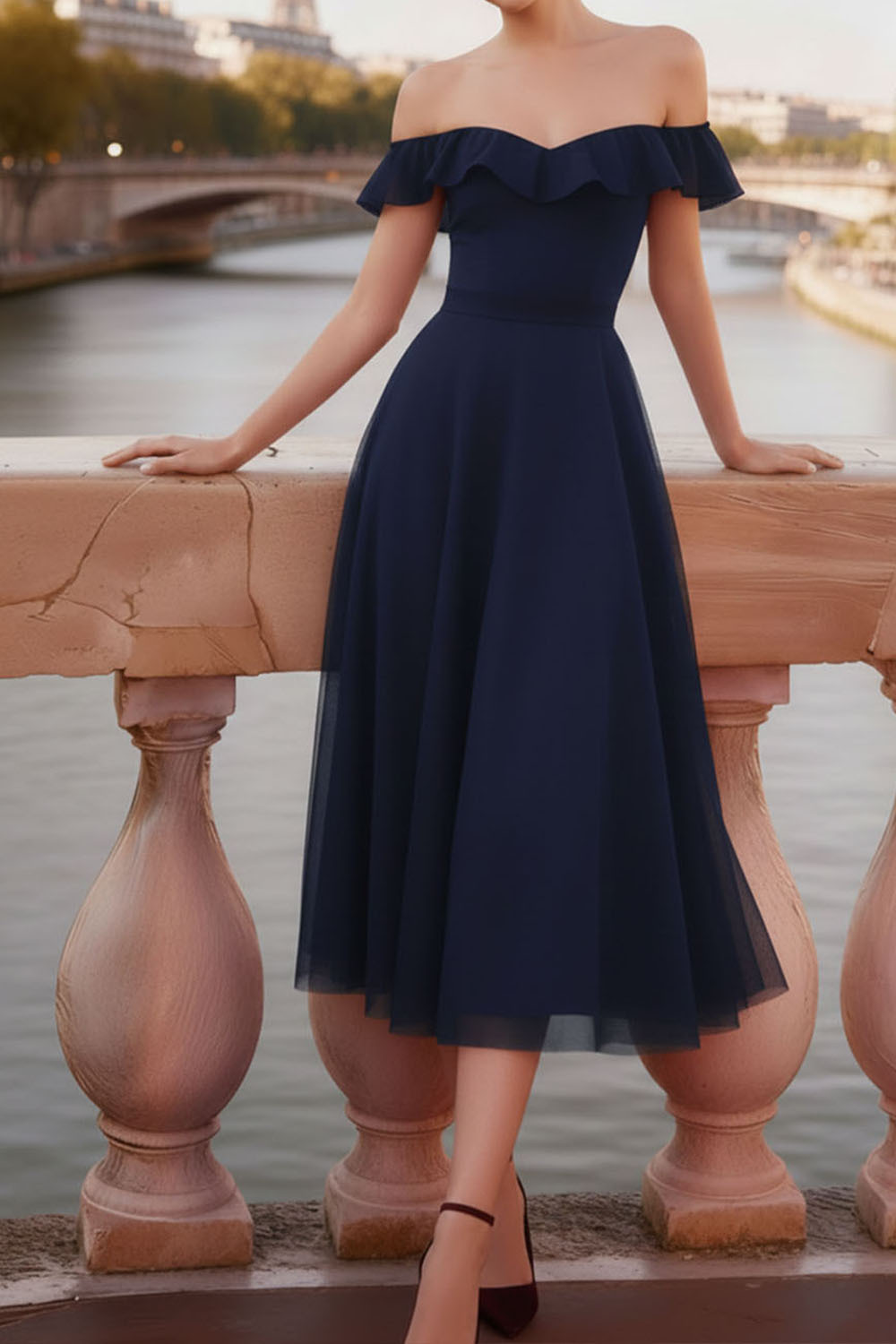 Red Evening Formal Dress A-Line Off the Shoulder Tulle Midi Dress 