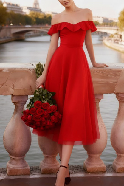 Red Evening Formal Dress A-Line Off the Shoulder Tulle Midi Dress 