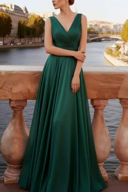 Emerald Green Formal Party Dress A-Line V-Neck Chiffon Maxi Dress