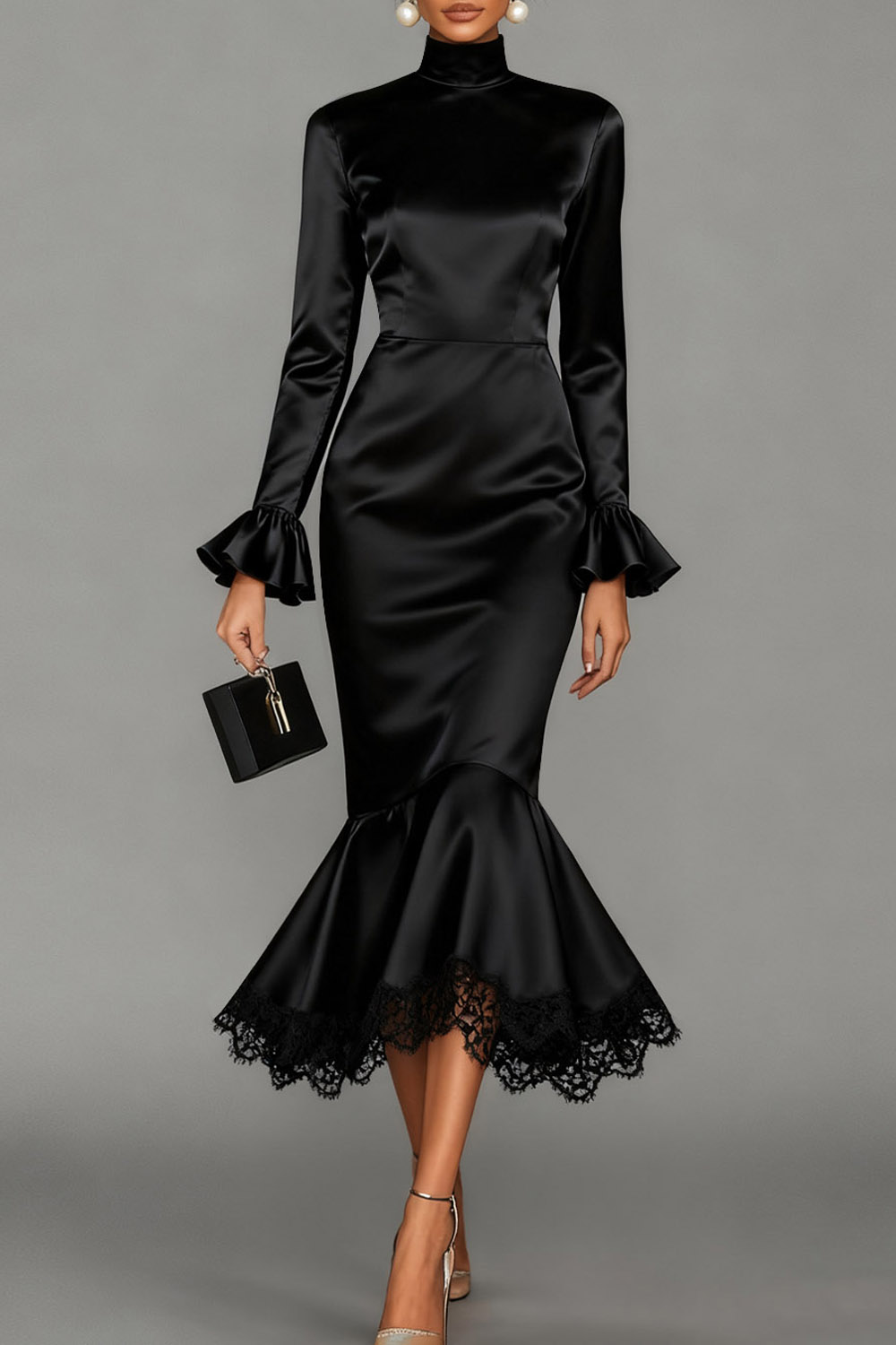 Black Formal Evening Dress Mermaid High Neck Satin Midi Dress 
