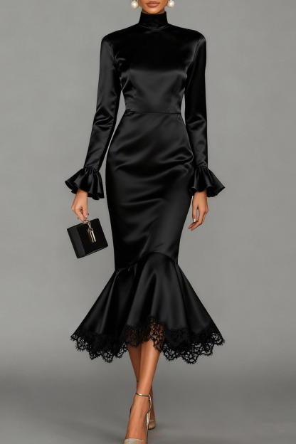 Black Formal Evening Dress Mermaid High Neck Satin Midi Dress 