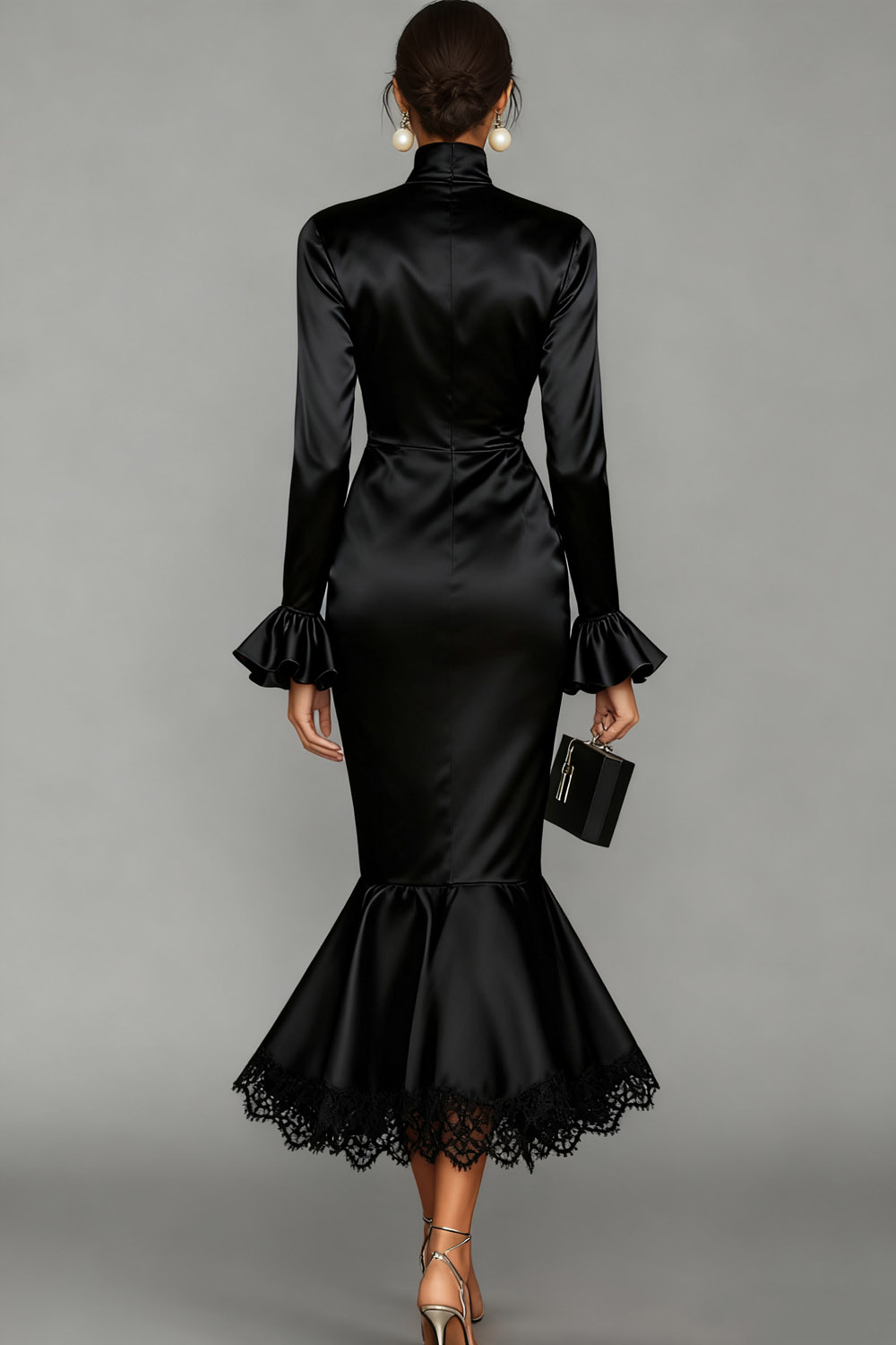 Black Formal Evening Dress Mermaid High Neck Satin Midi Dress 