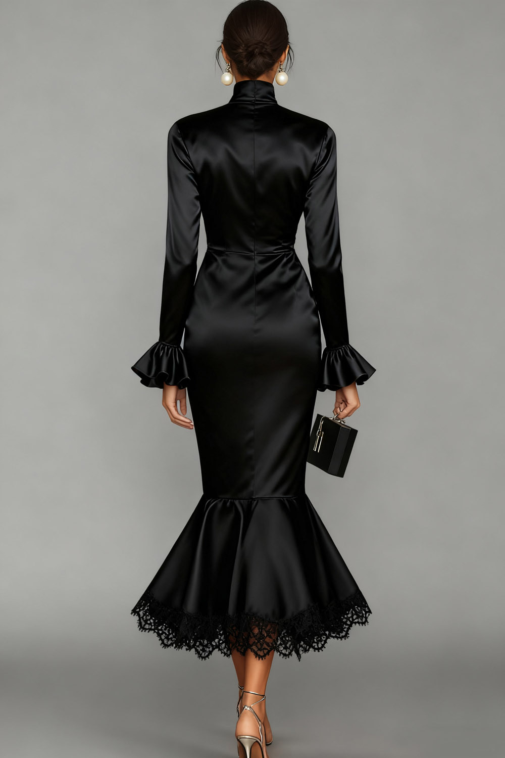 Black Formal Evening Dress Mermaid High Neck Satin Midi Dress 