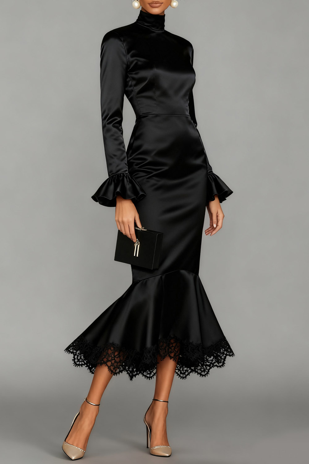 Black Formal Evening Dress Mermaid High Neck Satin Midi Dress 