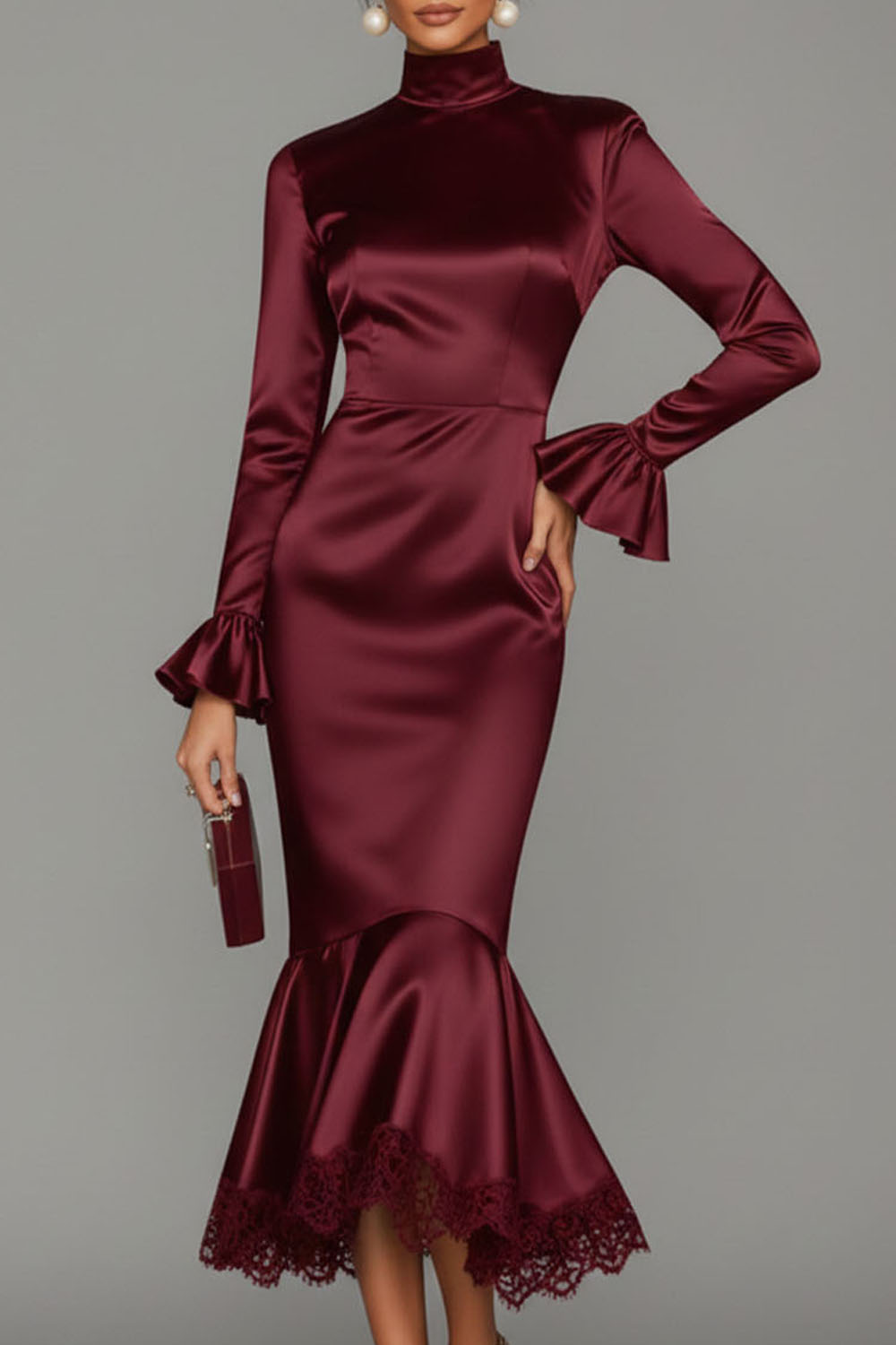 Black Formal Evening Dress Mermaid High Neck Satin Midi Dress 