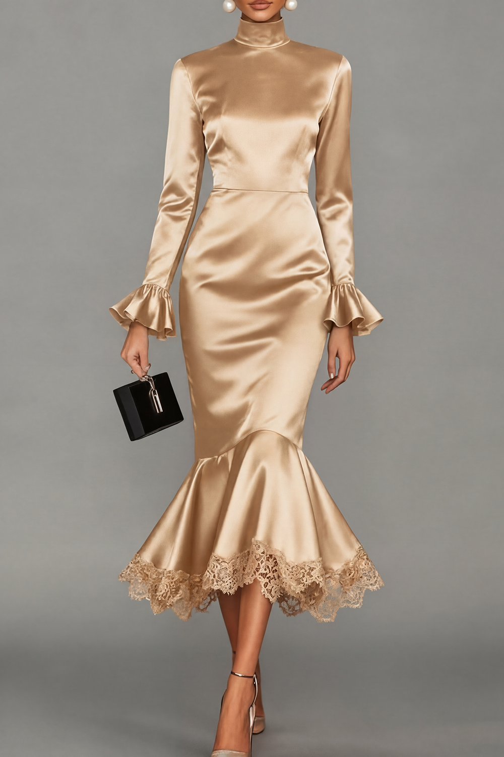 Black Formal Evening Dress Mermaid High Neck Satin Midi Dress 