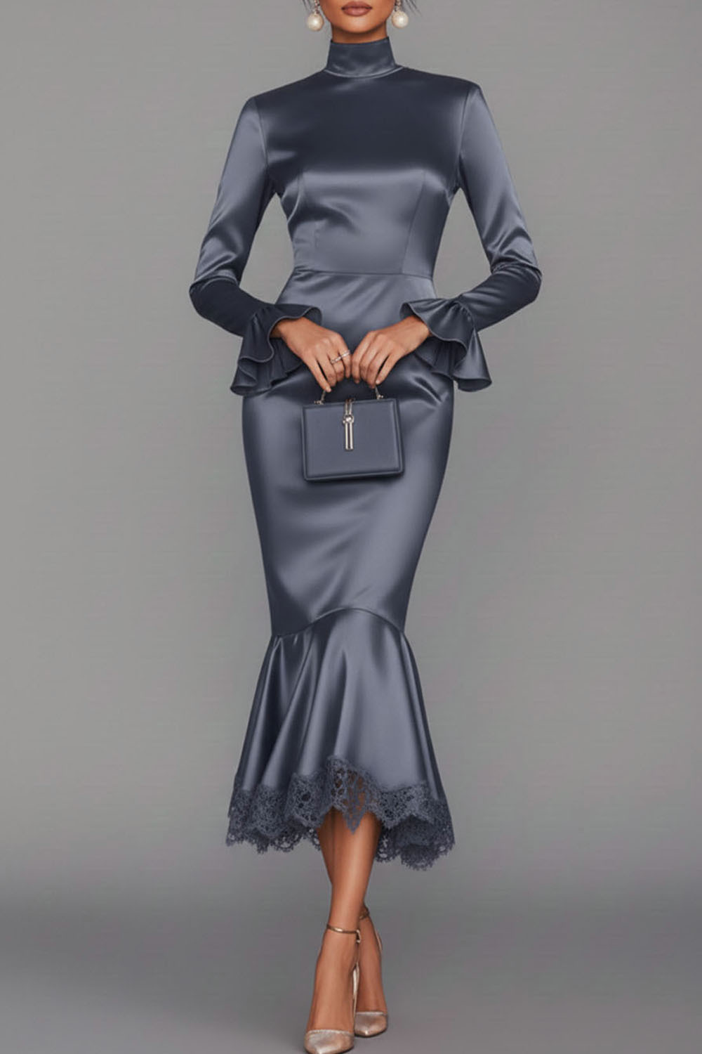 Black Formal Evening Dress Mermaid High Neck Satin Midi Dress 