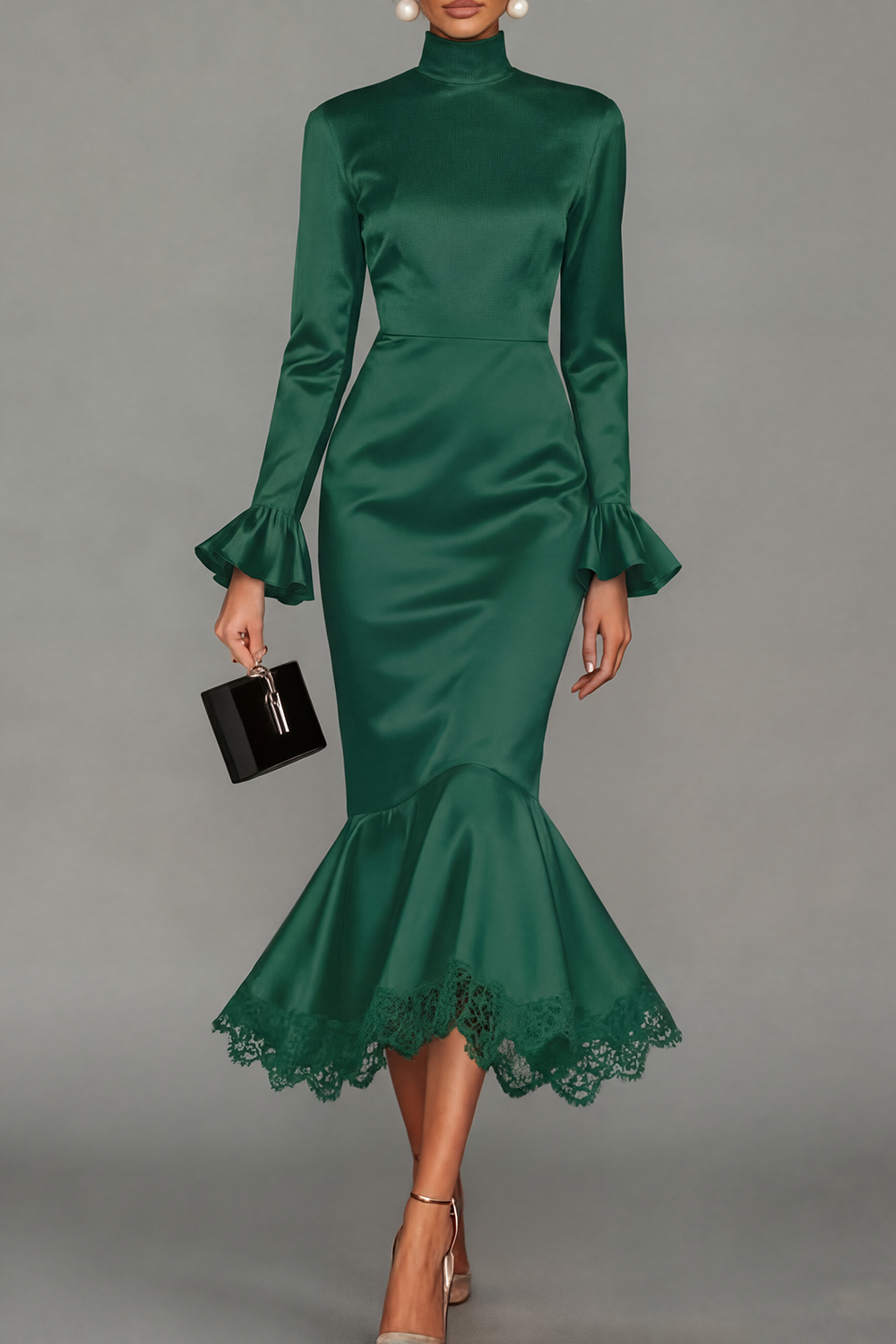 Black Formal Evening Dress Mermaid High Neck Satin Midi Dress 