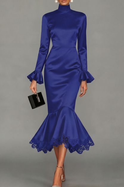 Black Formal Evening Dress Mermaid High Neck Satin Midi Dress 