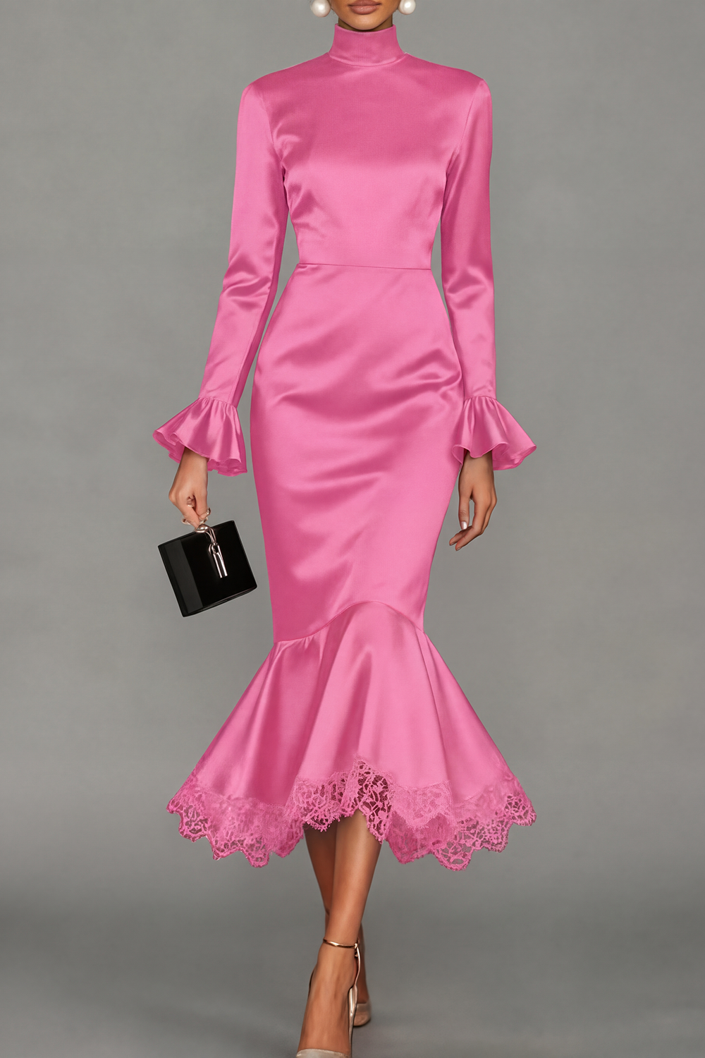 Black Formal Evening Dress Mermaid High Neck Satin Midi Dress