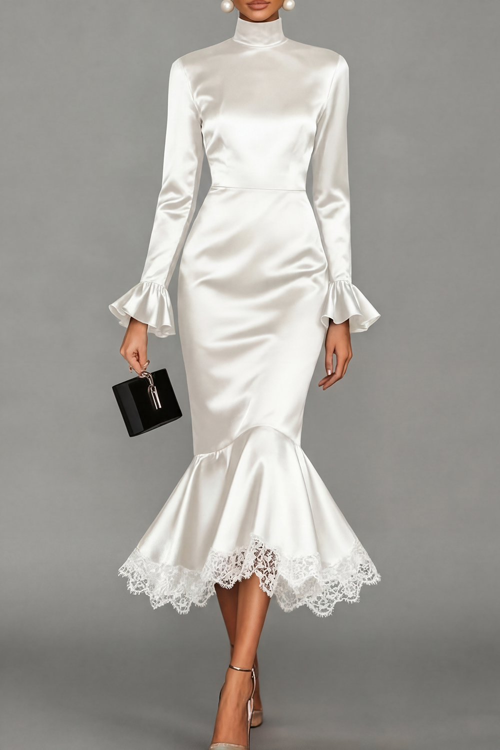 Black Formal Evening Dress Mermaid High Neck Satin Midi Dress 