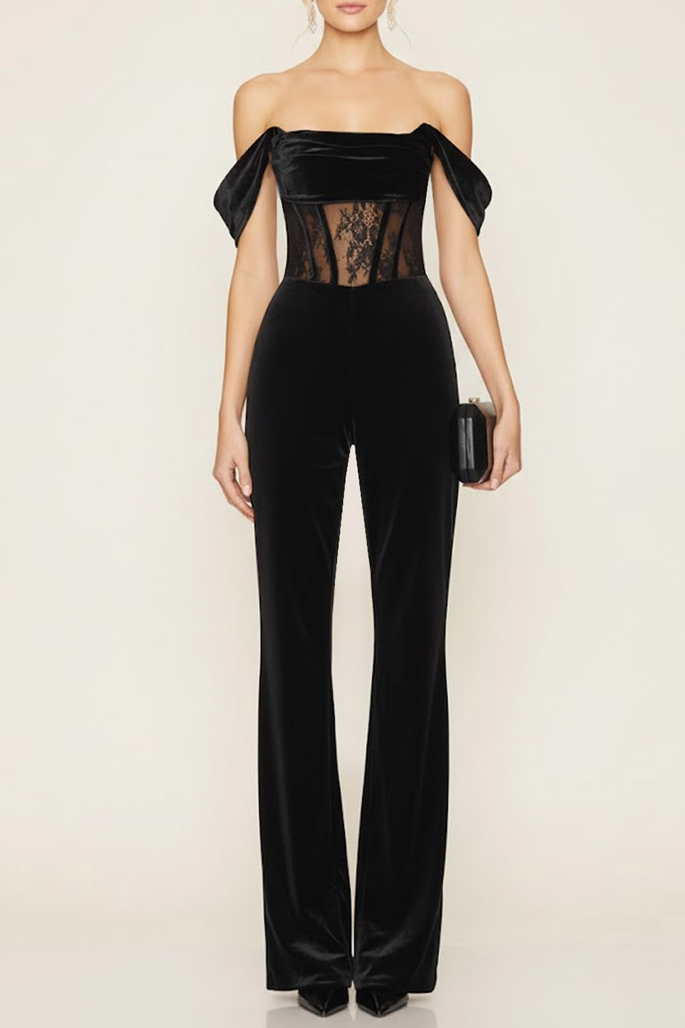 Black Formal Jumpsuit Off the shoulder Corset Velvet Jumpsuit 