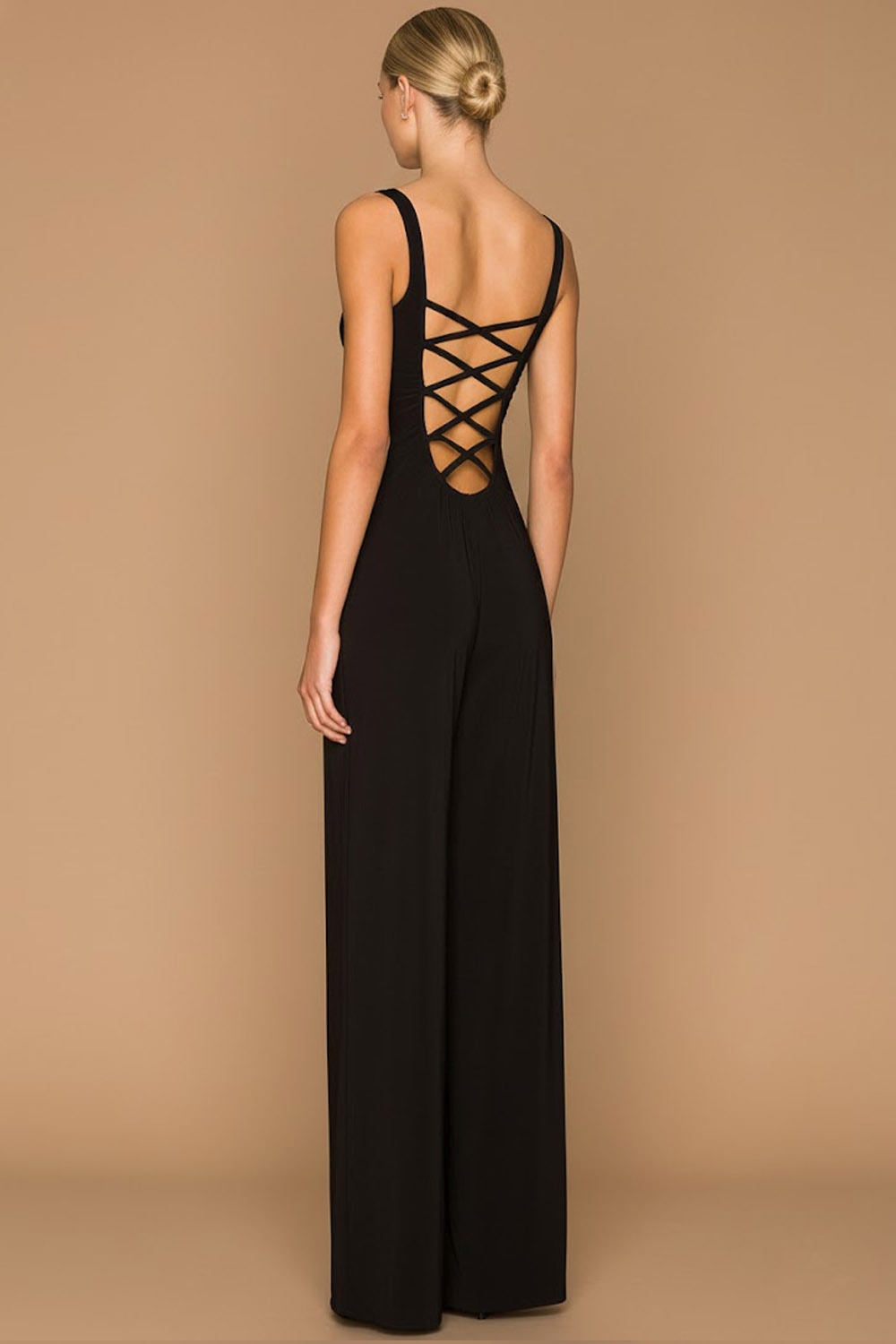 Black Formal Jumpsuit Boat Neck Crisscross Straps Back Jumpsuit 