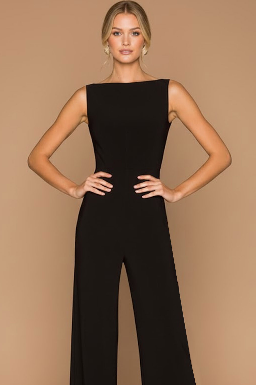 Black Formal Jumpsuit Boat Neck Crisscross Straps Back Jumpsuit 