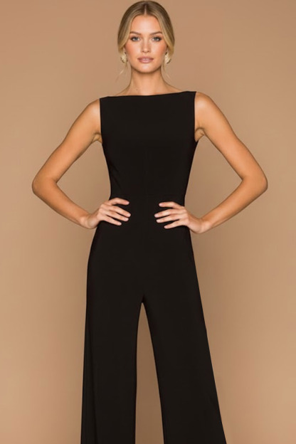 Black Formal Jumpsuit Boat Neck Crisscross Straps Back Jumpsuit 