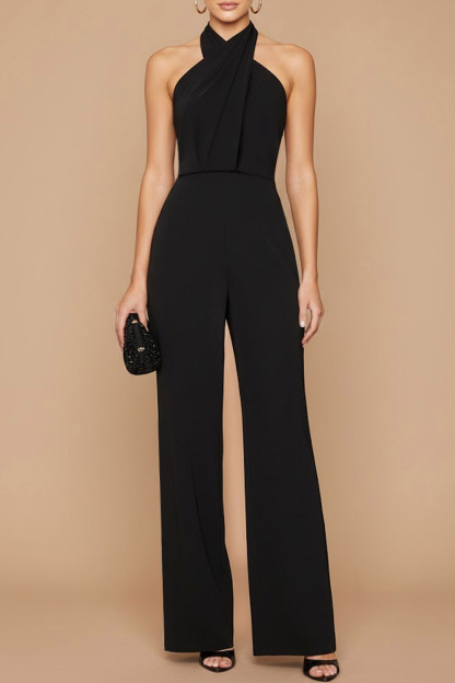 Black Formal Jumpsuit Halter Sleeveless Scarf Jumpsuit 