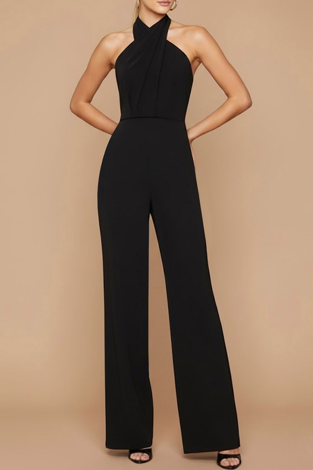 Black Formal Jumpsuit Halter Sleeveless Scarf Jumpsuit 