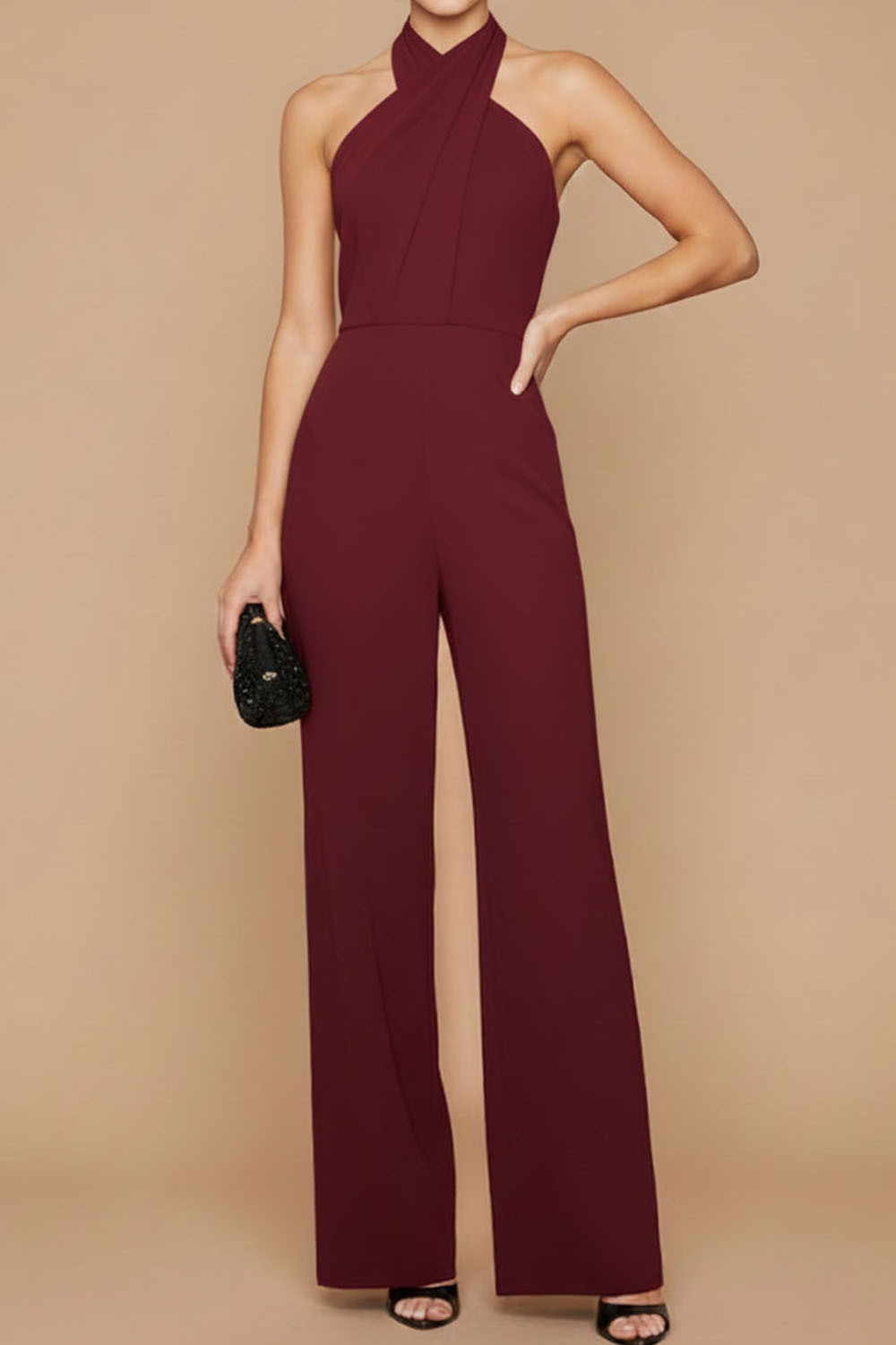 Black Formal Jumpsuit Halter Sleeveless Scarf Jumpsuit 