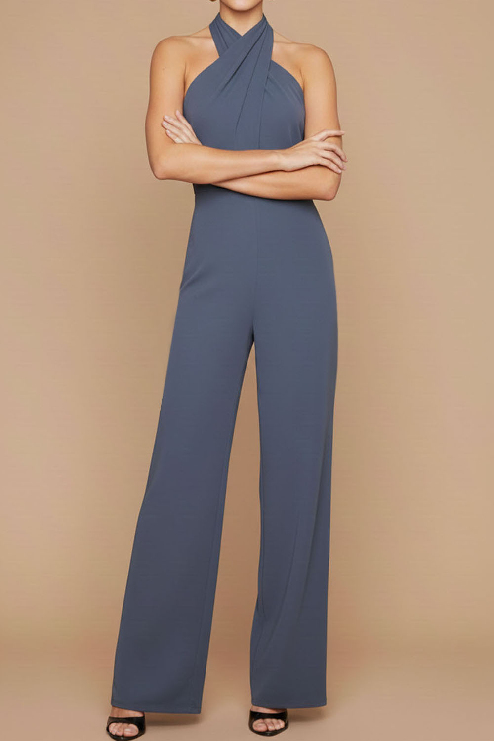 Black Formal Jumpsuit Halter Sleeveless Scarf Jumpsuit 