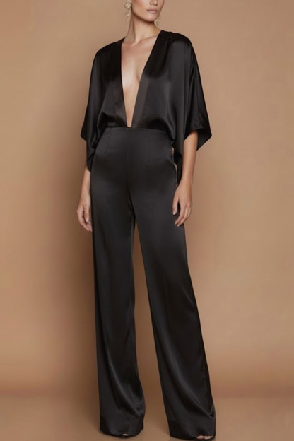 Olive Formal Jumpsuit Deep V Ruffle Sleeve Satin Jumpsuit