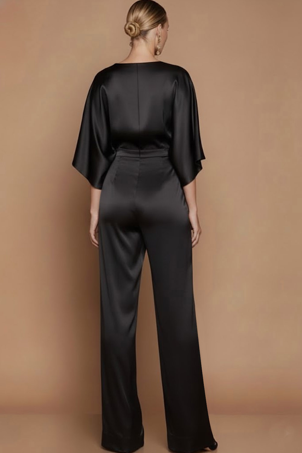 Olive Formal Jumpsuit Deep V Ruffle Sleeve Satin Jumpsuit