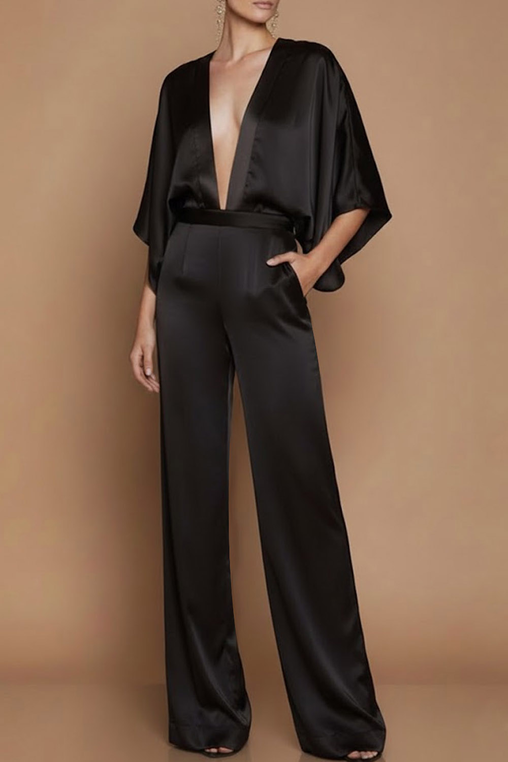 Olive Formal Jumpsuit Deep V Ruffle Sleeve Satin Jumpsuit