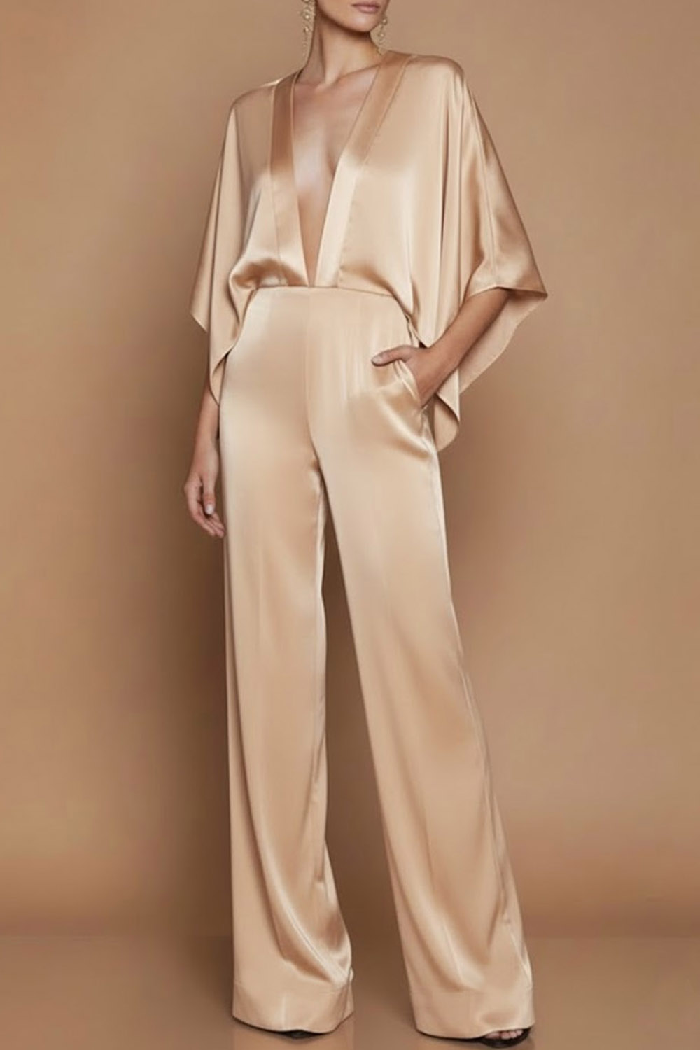 Olive Formal Jumpsuit Deep V Ruffle Sleeve Satin Jumpsuit