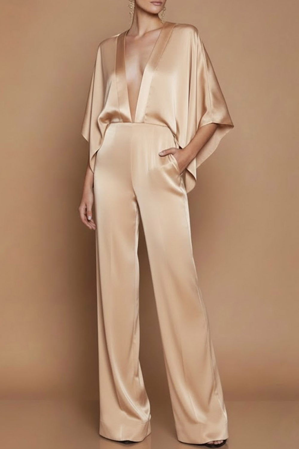 Olive Formal Jumpsuit Deep V Ruffle Sleeve Satin Jumpsuit