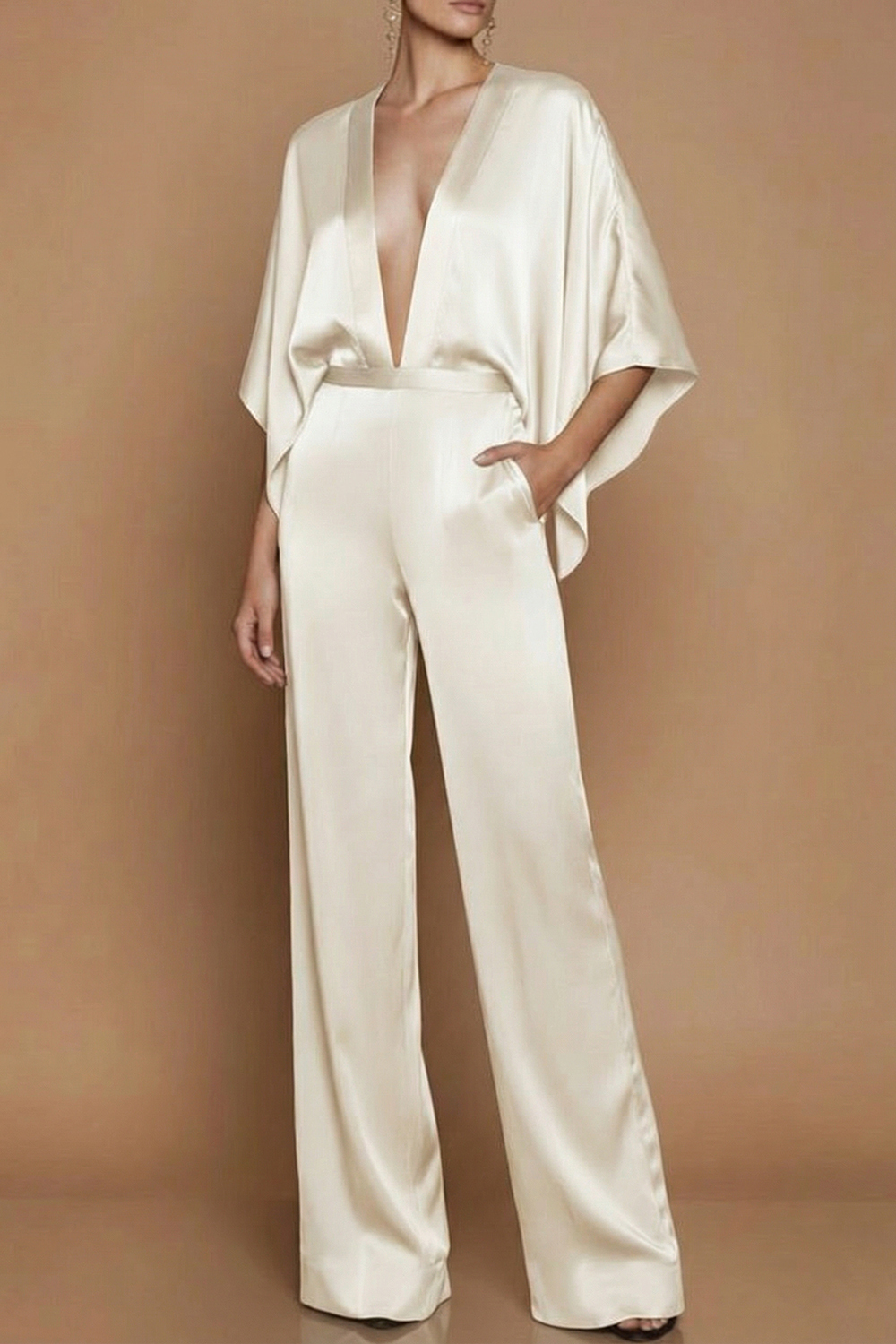 Olive Formal Jumpsuit Deep V Ruffle Sleeve Satin Jumpsuit