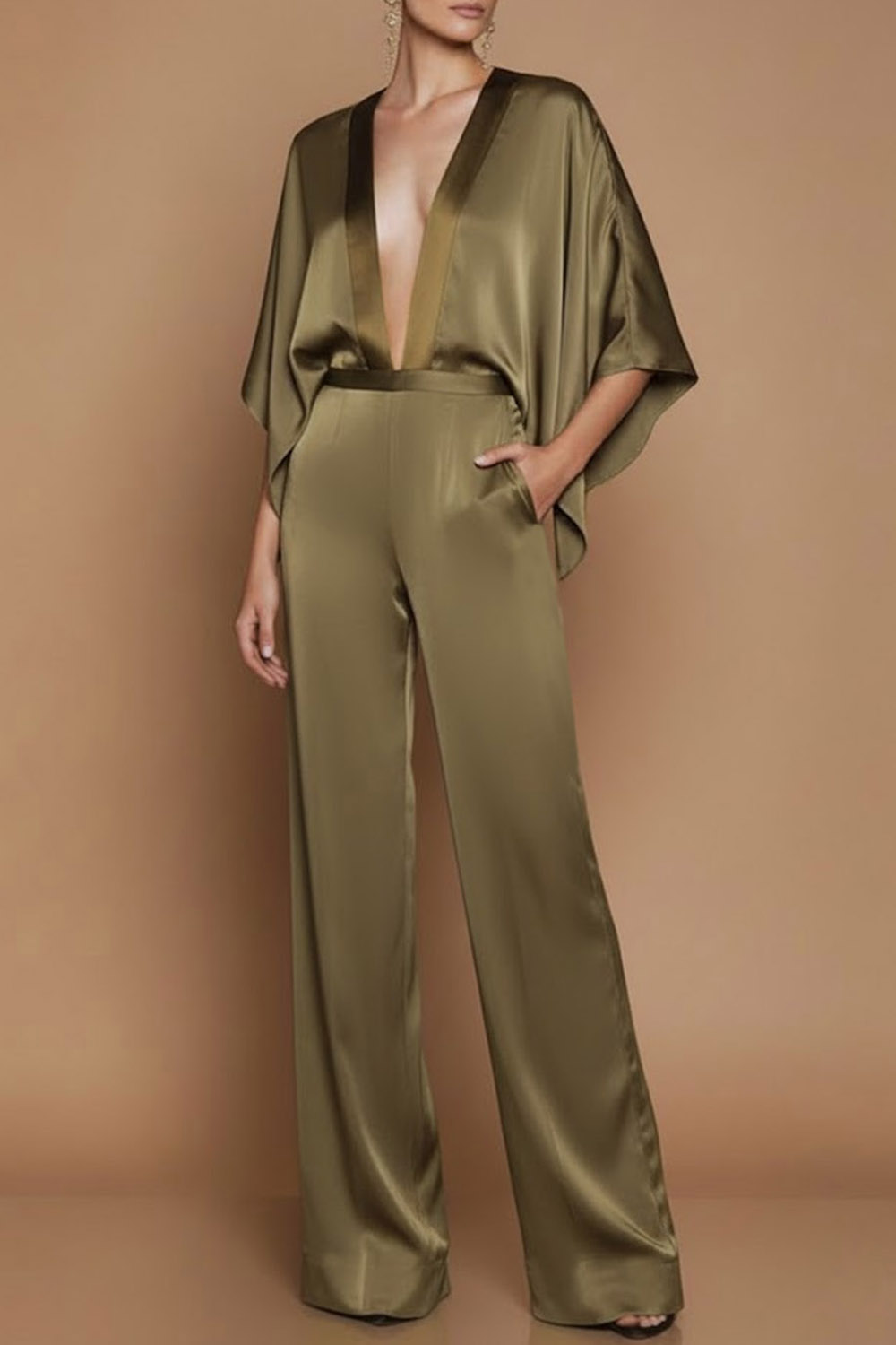 Olive Formal Jumpsuit Deep V Ruffle Sleeve Satin Jumpsuit