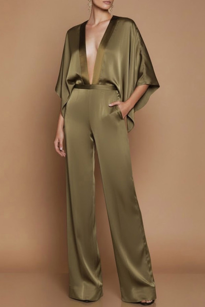 Olive Formal Jumpsuit Deep V Ruffle Sleeve Satin Jumpsuit