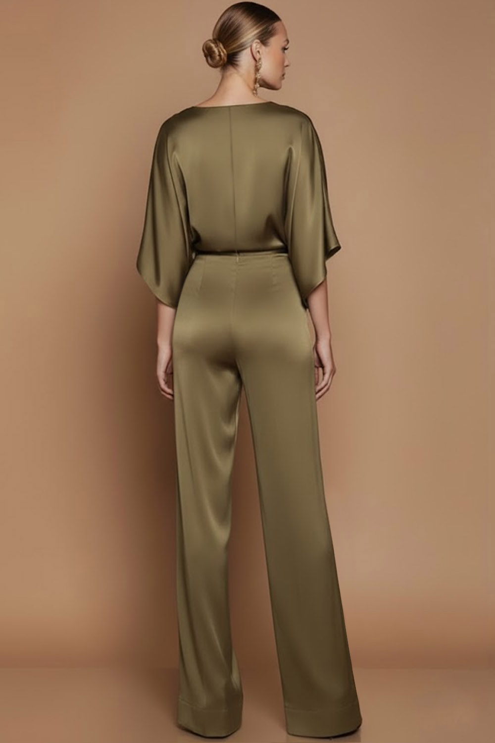 Olive Formal Jumpsuit Deep V Ruffle Sleeve Satin Jumpsuit