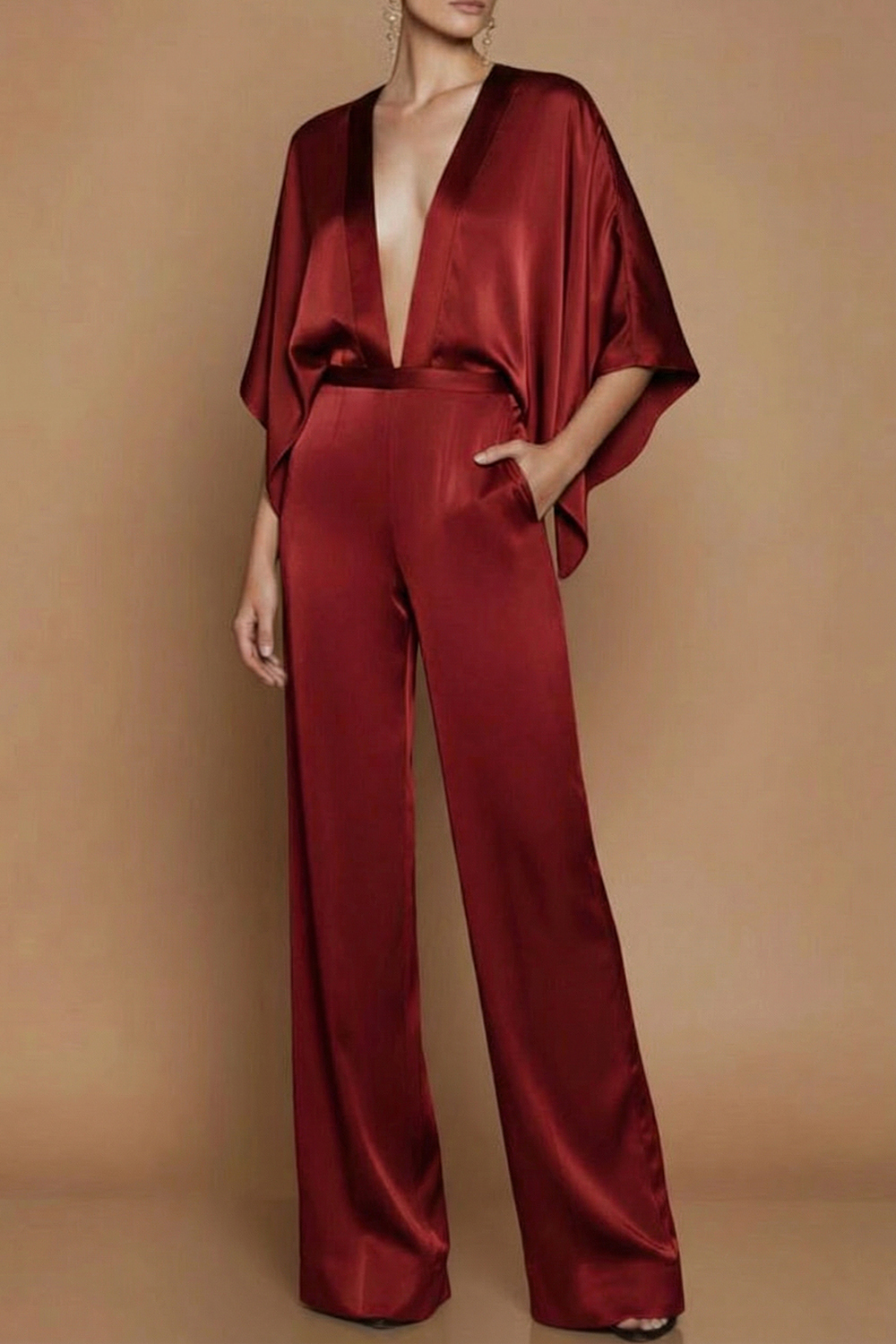 Olive Formal Jumpsuit Deep V Ruffle Sleeve Satin Jumpsuit