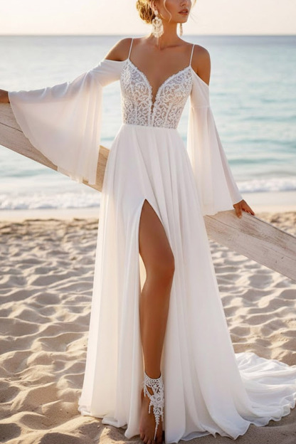 Formal ​Wedding Dress White Spaghetti Straps Long Sleeve Lace Maxi Dress