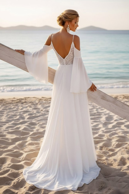 Formal ​Wedding Dress White Spaghetti Straps Long Sleeve Lace Maxi Dress