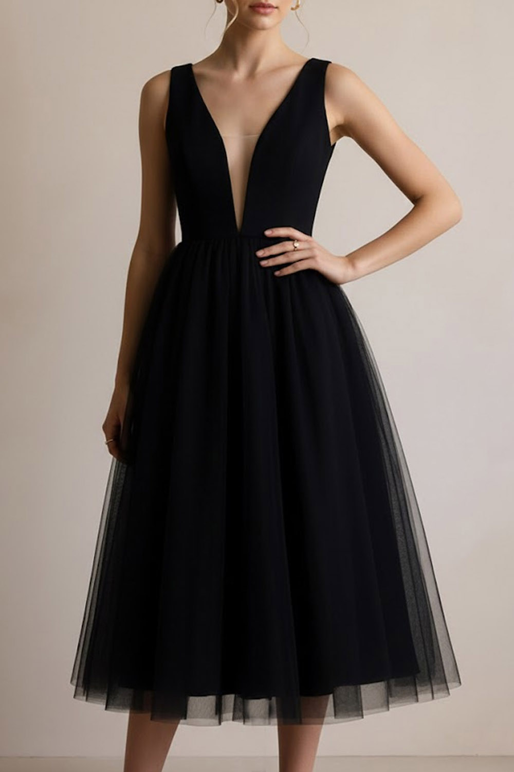Black Formal Party Dress A-Line V-Neck Tulle Midi Dress