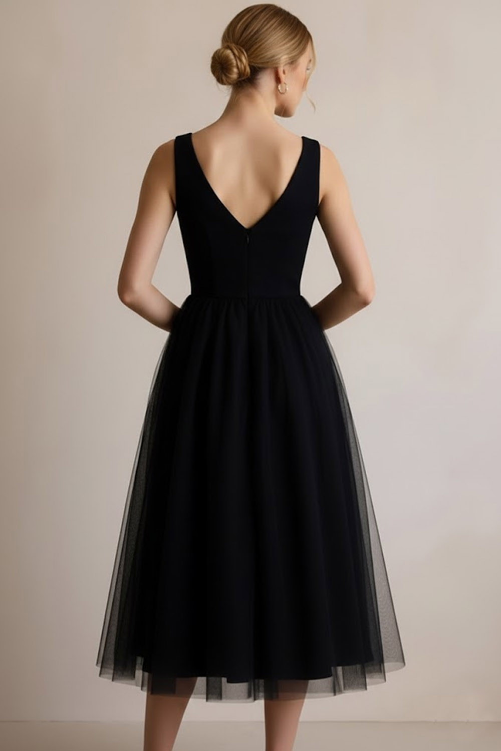 Black Formal Party Dress A-Line V-Neck Tulle Midi Dress
