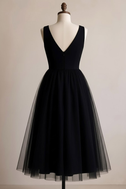 Black Formal Party Dress A-Line V-Neck Tulle Midi Dress