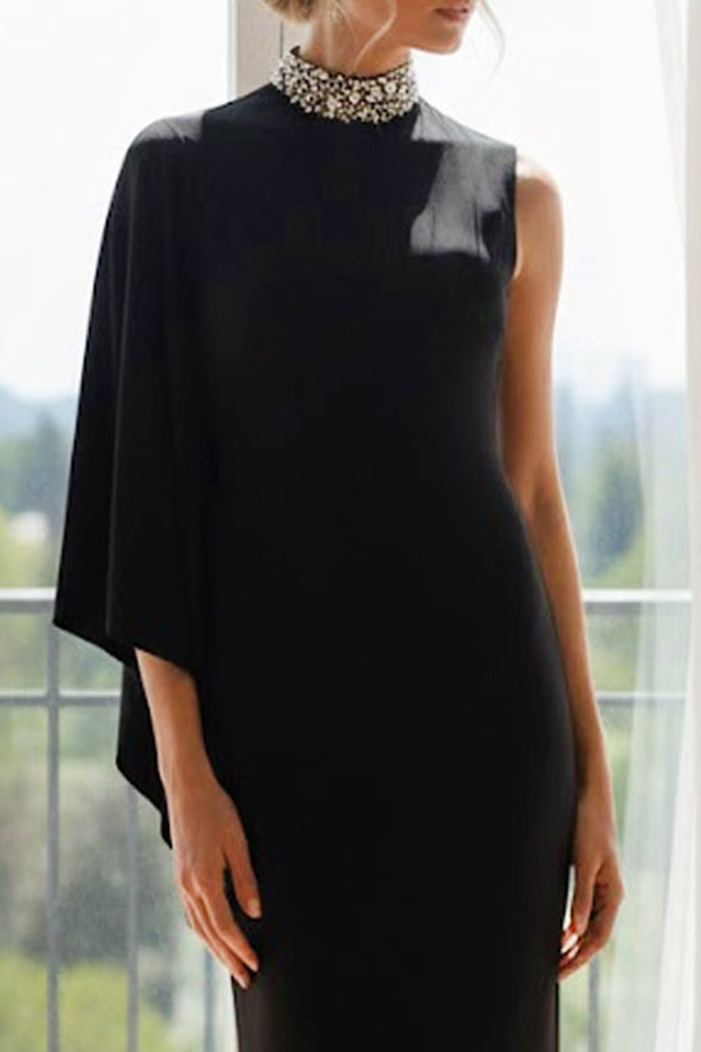 Black Formal Dress Sheath High Neck One Sleeve Maxi Dress