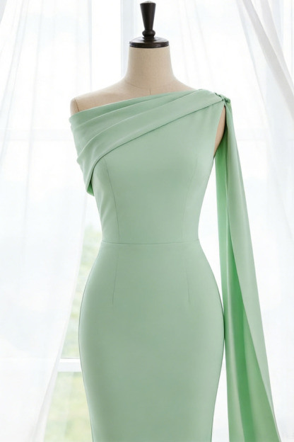 Mint Green Formal Evening Dress One Shoulder Cape Midi Dress with Slit