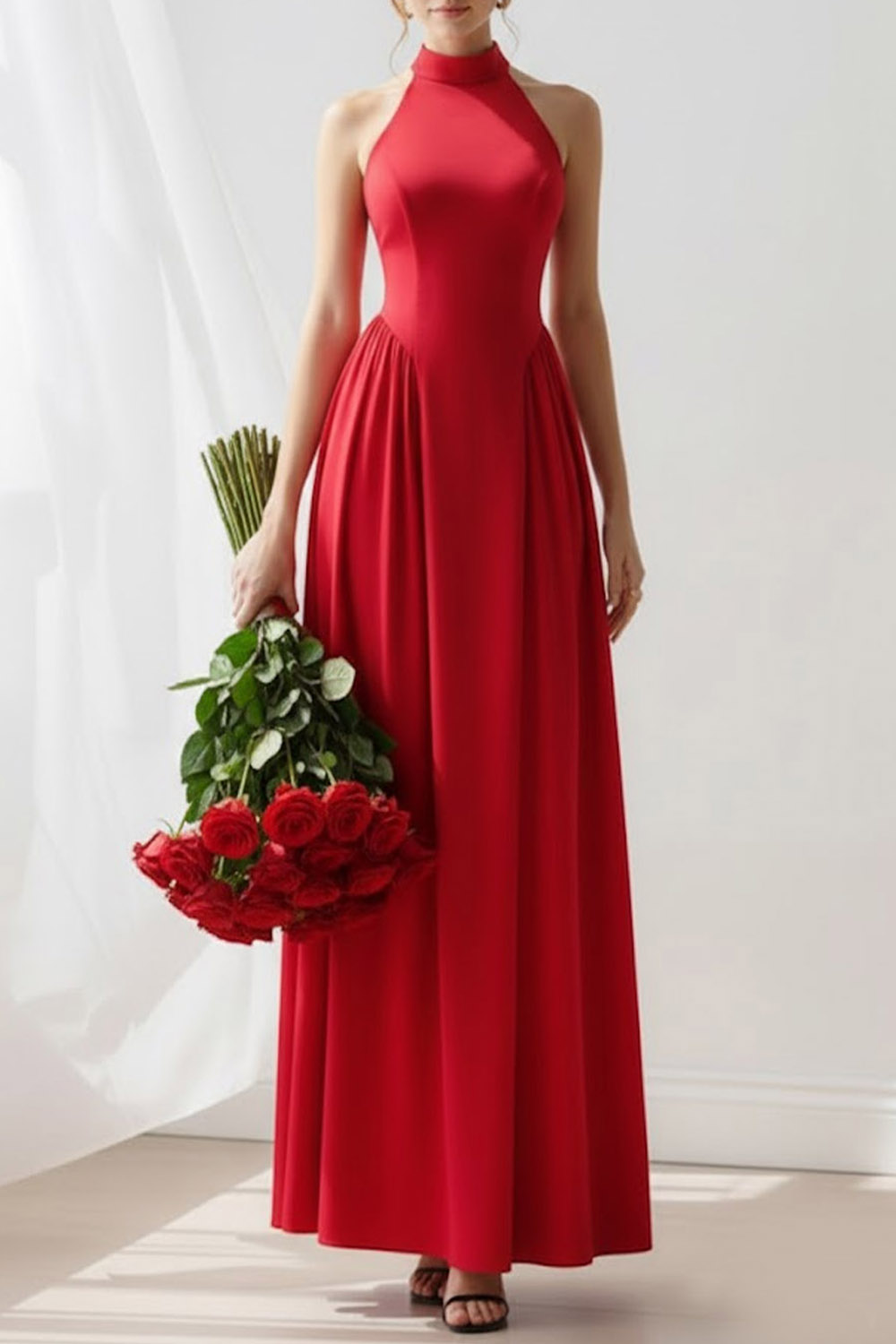 Red Formal Evening Dress A-Line Halter Sleeveless Maxi Dress