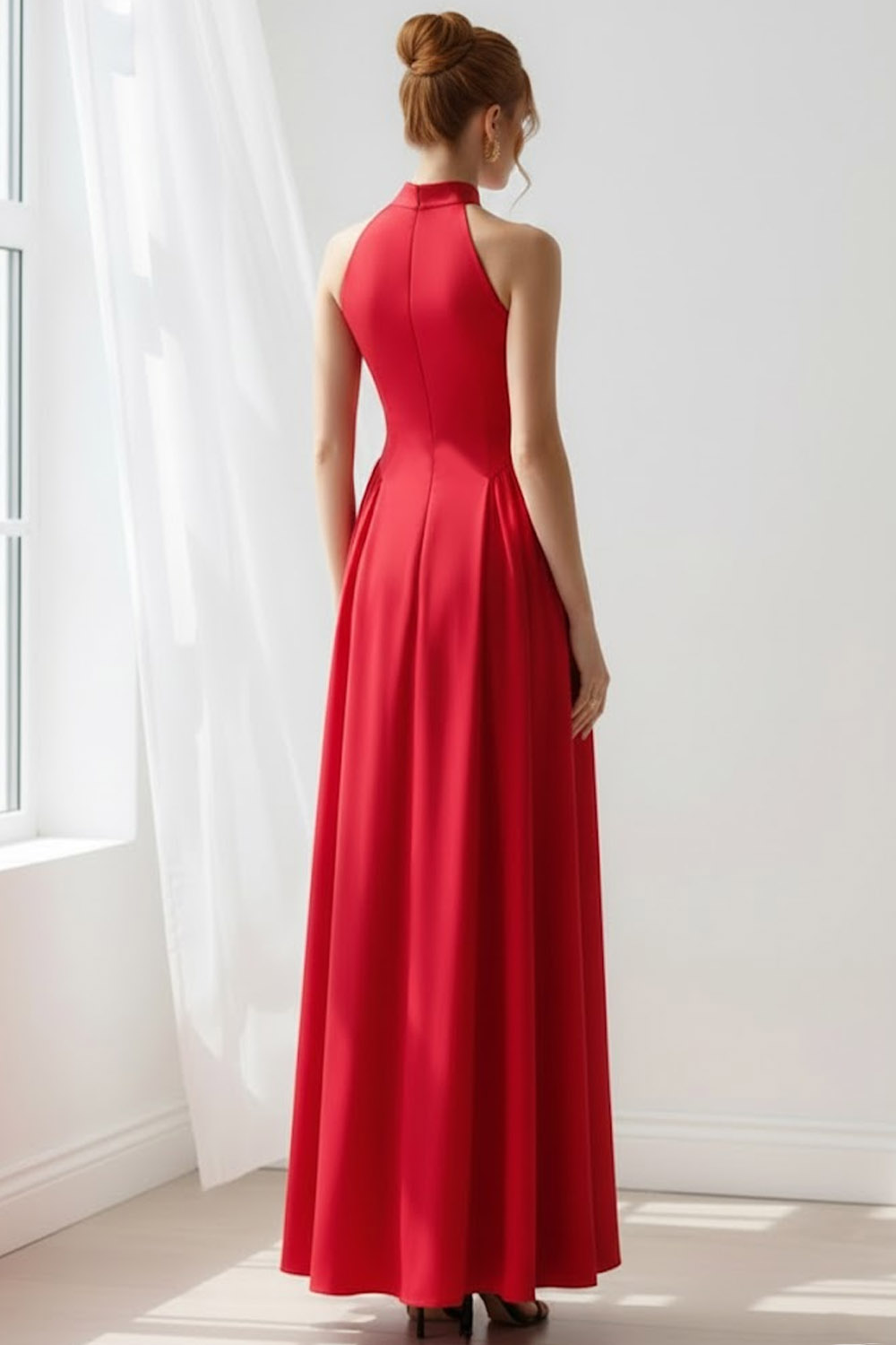 Red Formal Evening Dress A-Line Halter Sleeveless Maxi Dress