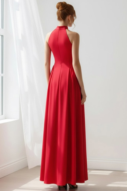 Red Formal Evening Dress A-Line Halter Sleeveless Maxi Dress